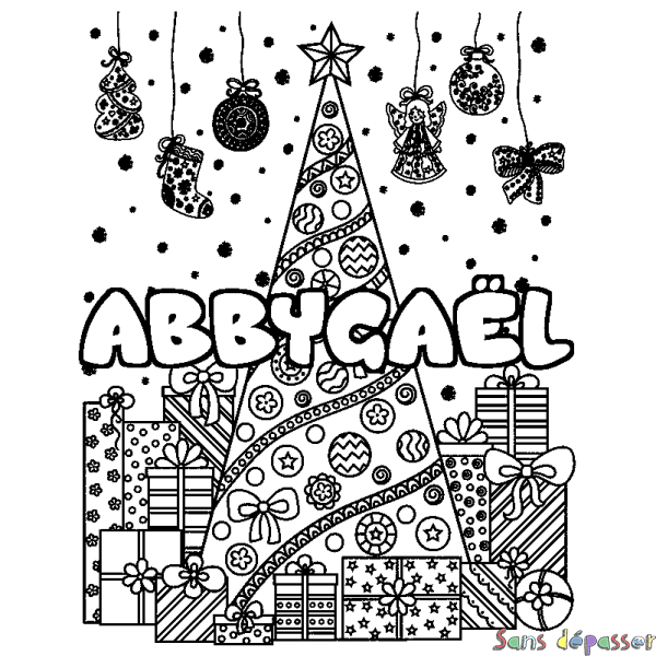 Coloriage prénom ABBYGA&Euml;L - d&eacute;cor Sapin et Cadeaux