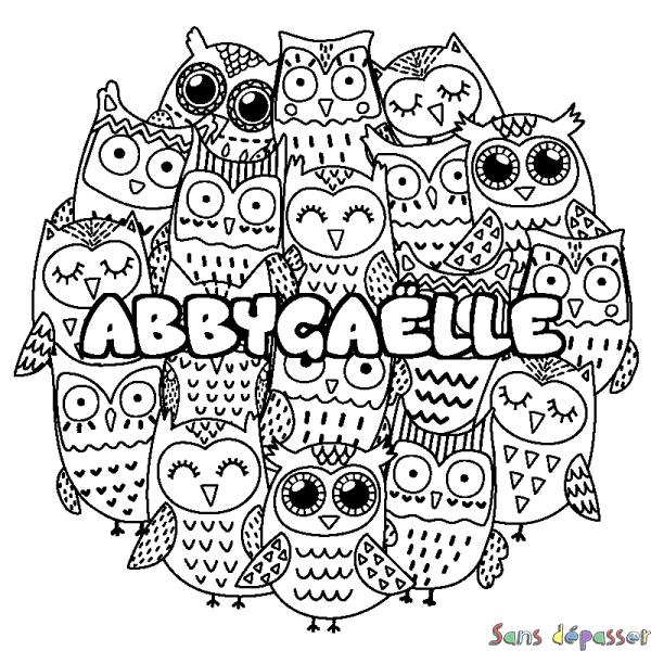 Coloriage prénom ABBYGA&Euml;LLE - d&eacute;cor Chouettes