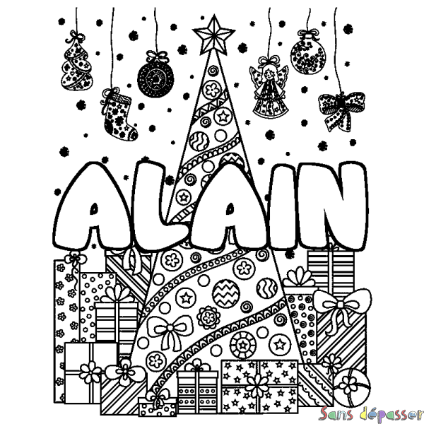 Coloriage prénom ALAIN - d&eacute;cor Sapin et Cadeaux