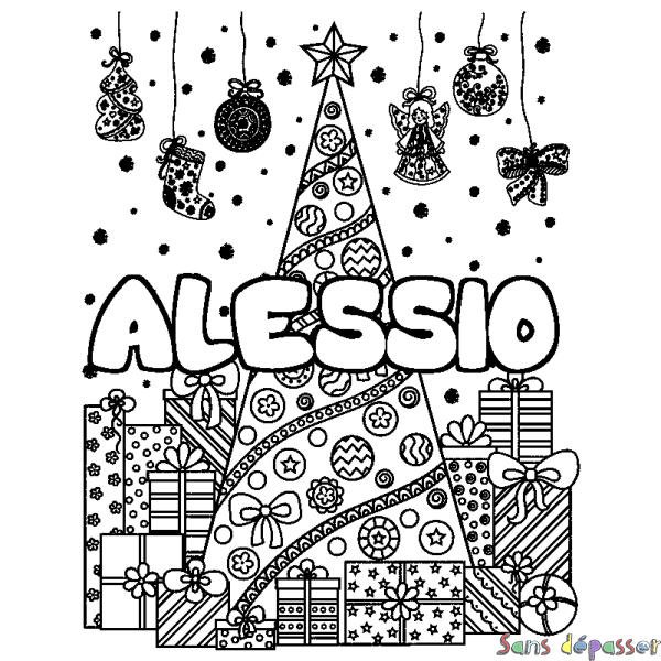 Coloriage prénom ALESSIO - d&eacute;cor Sapin et Cadeaux