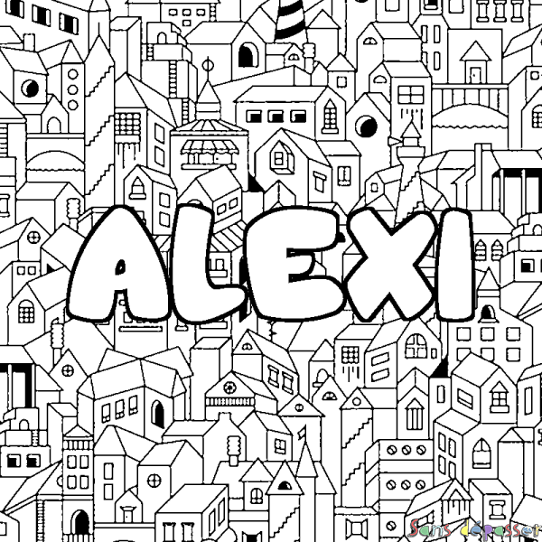 Coloriage prénom ALEXI - d&eacute;cor Ville