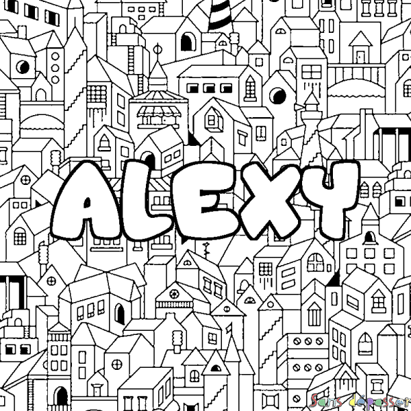 Coloriage prénom ALEXY - décor Ville - Sans Dépasser