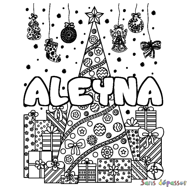 Coloriage prénom ALEYNA - d&eacute;cor Sapin et Cadeaux