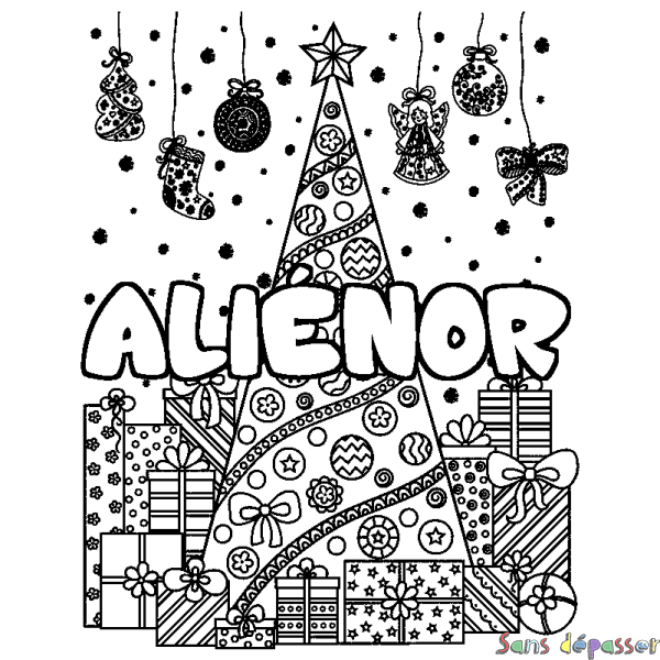 Coloriage prénom ALI&Eacute;NOR - d&eacute;cor Sapin et Cadeaux