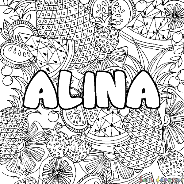 Coloriage prénom ALINA - d&eacute;cor Mandala fruits