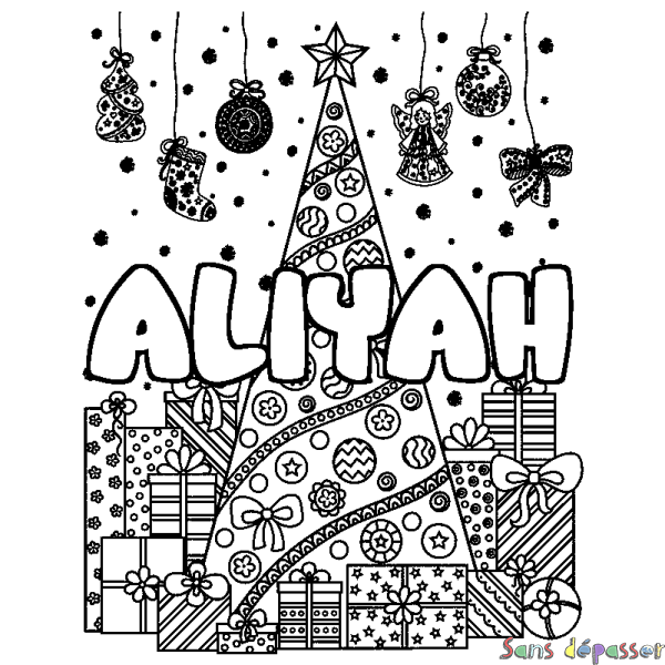 Coloriage prénom ALIYAH - d&eacute;cor Sapin et Cadeaux