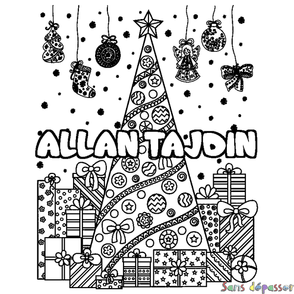 Coloriage prénom ALLAN TAJDIN - d&eacute;cor Sapin et Cadeaux