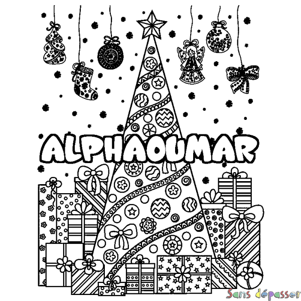 Coloriage prénom ALPHAOUMAR - d&eacute;cor Sapin et Cadeaux