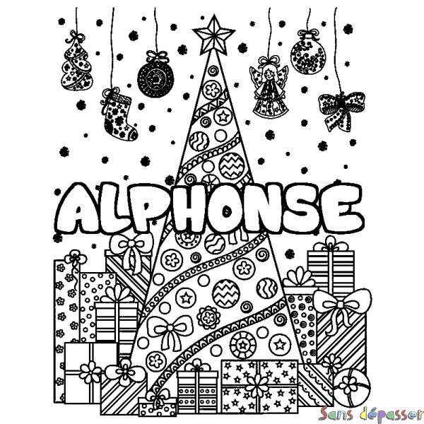 Coloriage prénom ALPHONSE - d&eacute;cor Sapin et Cadeaux