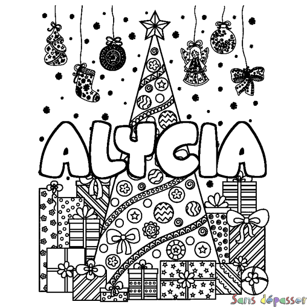 Coloriage prénom ALYCIA - d&eacute;cor Sapin et Cadeaux