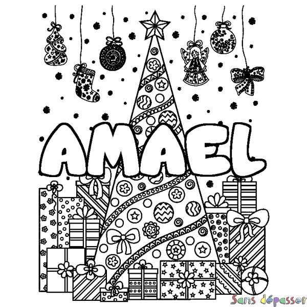 Coloriage prénom AMAEL - d&eacute;cor Sapin et Cadeaux