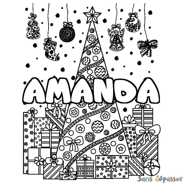 Coloriage prénom AMANDA - d&eacute;cor Sapin et Cadeaux