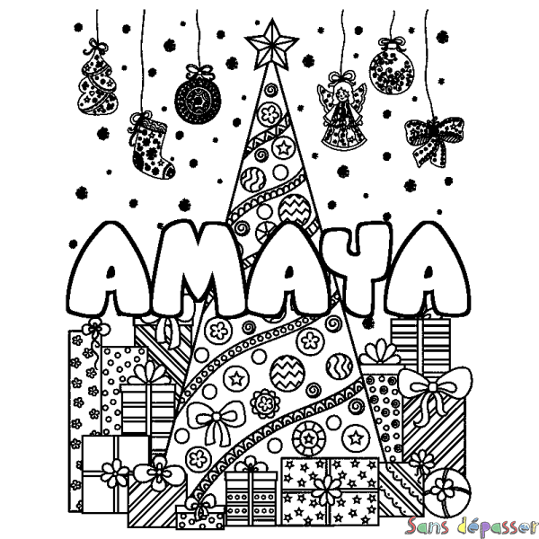 Coloriage prénom AMAYA - d&eacute;cor Sapin et Cadeaux