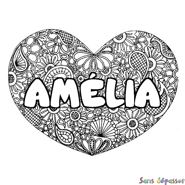 Coloriage prénom AM&Eacute;LIA - d&eacute;cor Mandala coeur