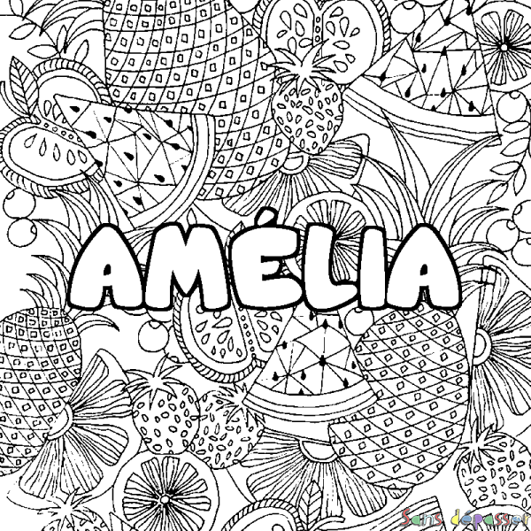 Coloriage prénom AM&Eacute;LIA - d&eacute;cor Mandala fruits