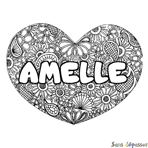 Coloriage prénom AMELLE - d&eacute;cor Mandala coeur