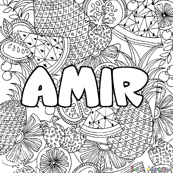 Coloriage prénom AMIR - d&eacute;cor Mandala fruits