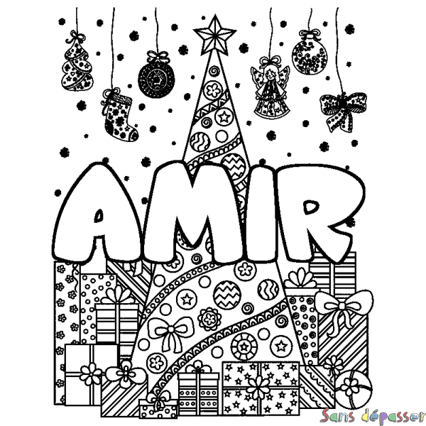 Coloriage prénom AMIR - d&eacute;cor Sapin et Cadeaux