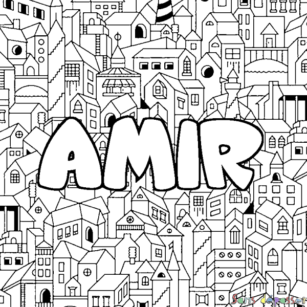 Coloriage prénom AMIR - d&eacute;cor Ville