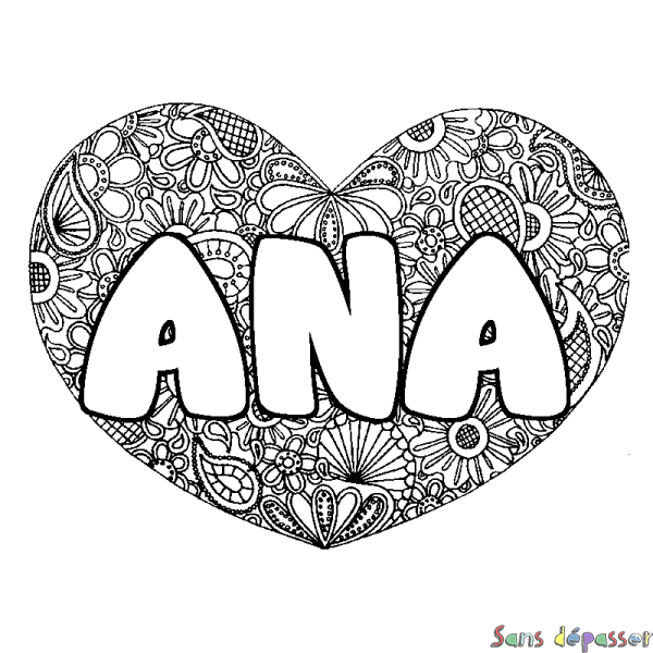 Coloriage prénom ANA - d&eacute;cor Mandala coeur