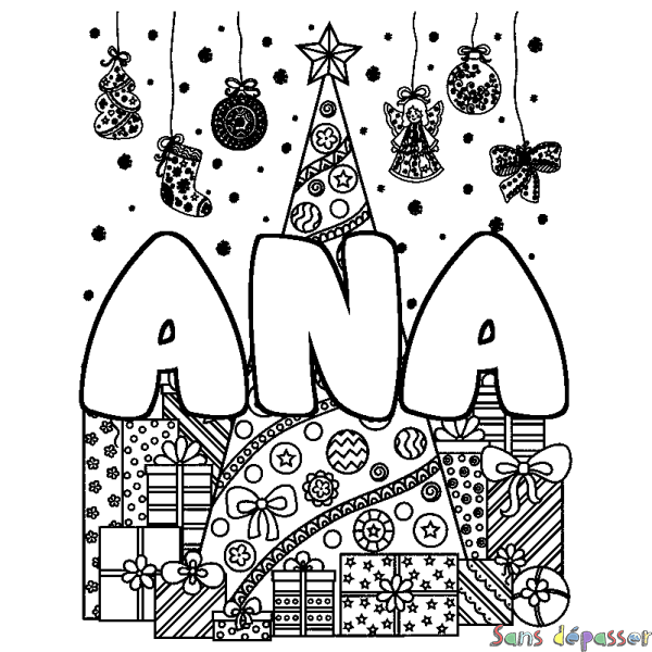 Coloriage prénom ANA - d&eacute;cor Sapin et Cadeaux