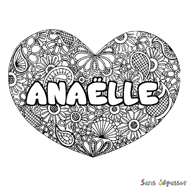 Coloriage prénom ANA&Euml;LLE - d&eacute;cor Mandala coeur