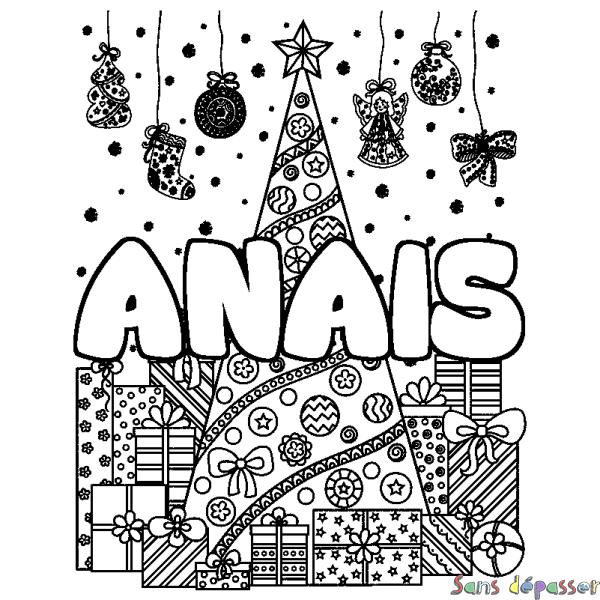 Coloriage prénom ANAIS - d&eacute;cor Sapin et Cadeaux