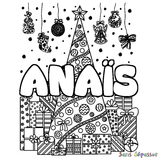 Coloriage prénom ANA&Iuml;S - d&eacute;cor Sapin et Cadeaux