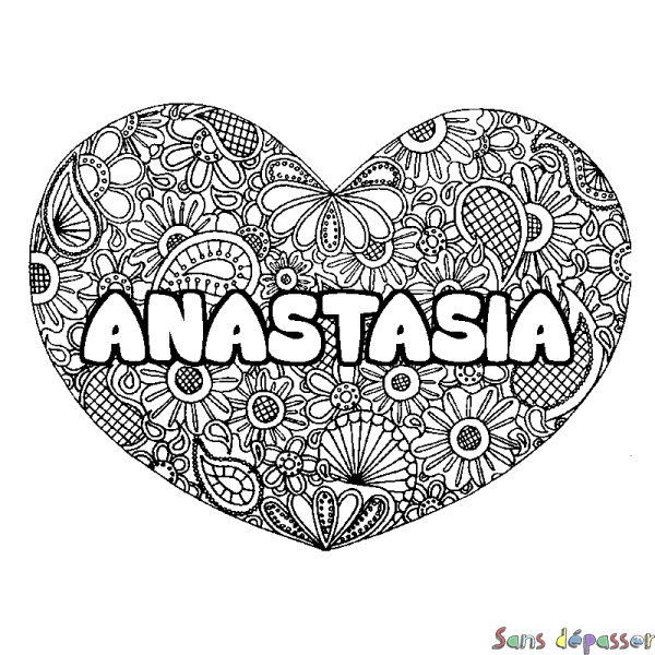 Coloriage prénom ANASTASIA - d&eacute;cor Mandala coeur