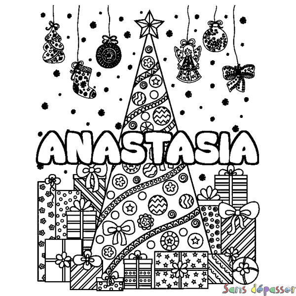 Coloriage prénom ANASTASIA - d&eacute;cor Sapin et Cadeaux