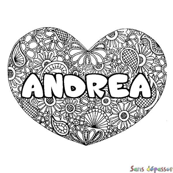 Coloriage prénom ANDREA - d&eacute;cor Mandala coeur