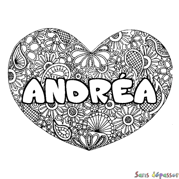 Coloriage prénom ANDR&Eacute;A - d&eacute;cor Mandala coeur