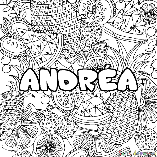 Coloriage prénom ANDR&Eacute;A - d&eacute;cor Mandala fruits