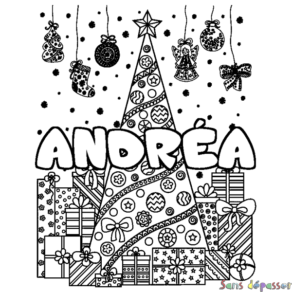 Coloriage prénom ANDR&Eacute;A - d&eacute;cor Sapin et Cadeaux