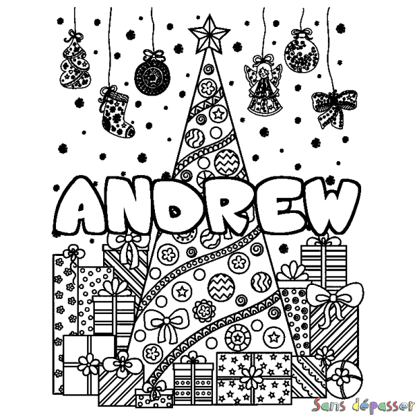 Coloriage prénom ANDREW - d&eacute;cor Sapin et Cadeaux