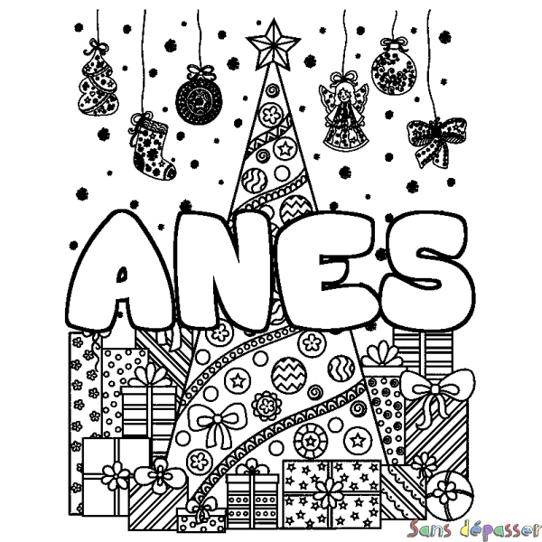 Coloriage prénom ANES - d&eacute;cor Sapin et Cadeaux