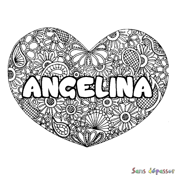 Coloriage prénom ANGELINA - d&eacute;cor Mandala coeur