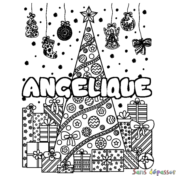 Coloriage prénom ANGELIQUE - d&eacute;cor Sapin et Cadeaux