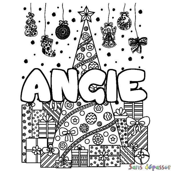 Coloriage prénom ANGIE - d&eacute;cor Sapin et Cadeaux