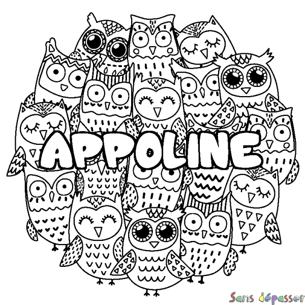 Coloriage prénom APPOLINE - d&eacute;cor Chouettes