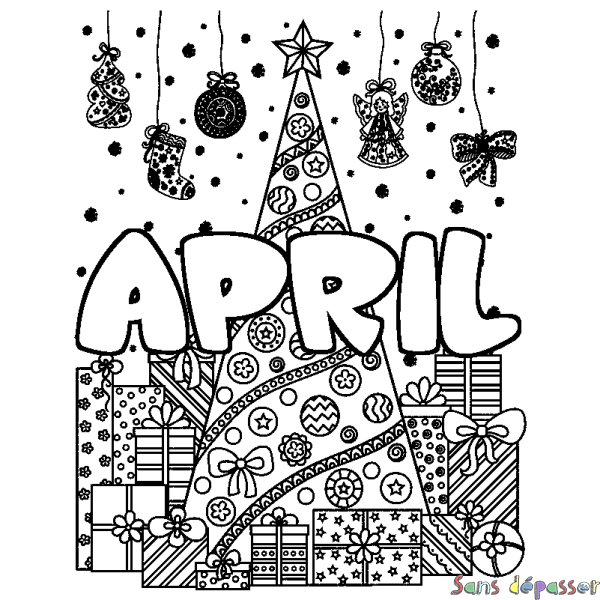 Coloriage prénom APRIL - d&eacute;cor Sapin et Cadeaux