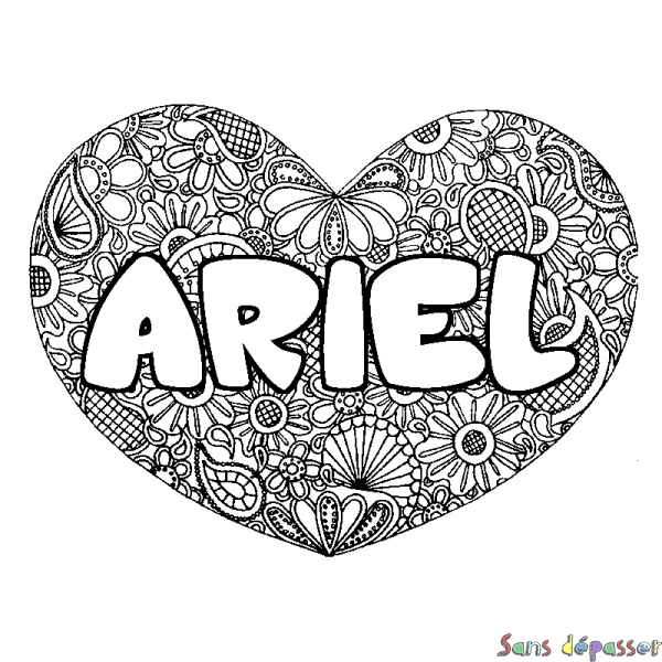 Coloriage prénom ARIEL - d&eacute;cor Mandala coeur