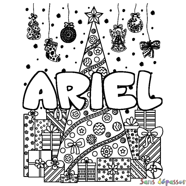 Coloriage prénom ARIEL - d&eacute;cor Sapin et Cadeaux