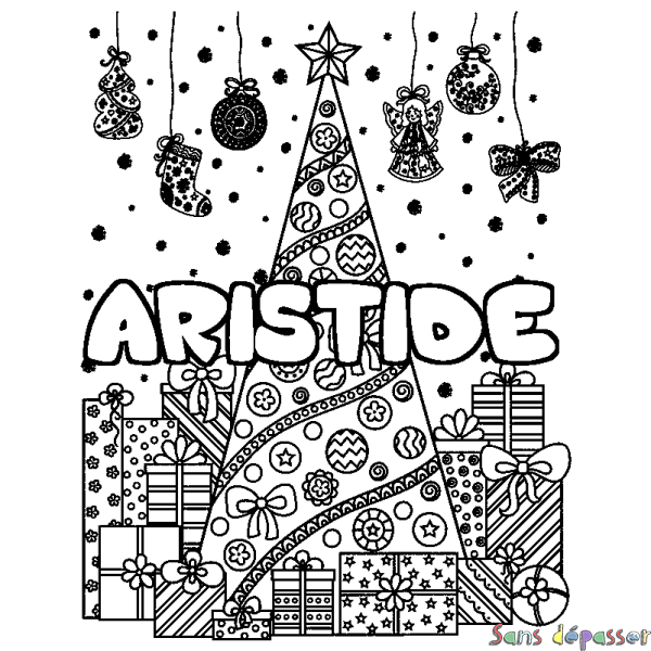 Coloriage prénom ARISTIDE - d&eacute;cor Sapin et Cadeaux