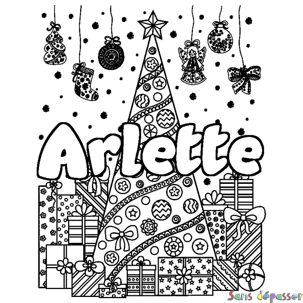 Coloriage prénom Arlette - d&eacute;cor Sapin et Cadeaux