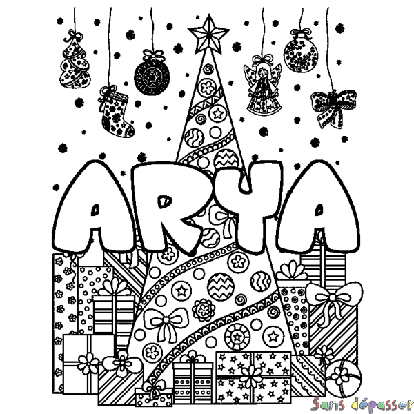 Coloriage prénom ARYA - d&eacute;cor Sapin et Cadeaux