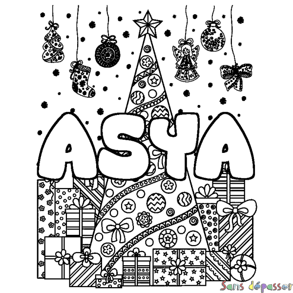 Coloriage prénom ASYA - d&eacute;cor Sapin et Cadeaux