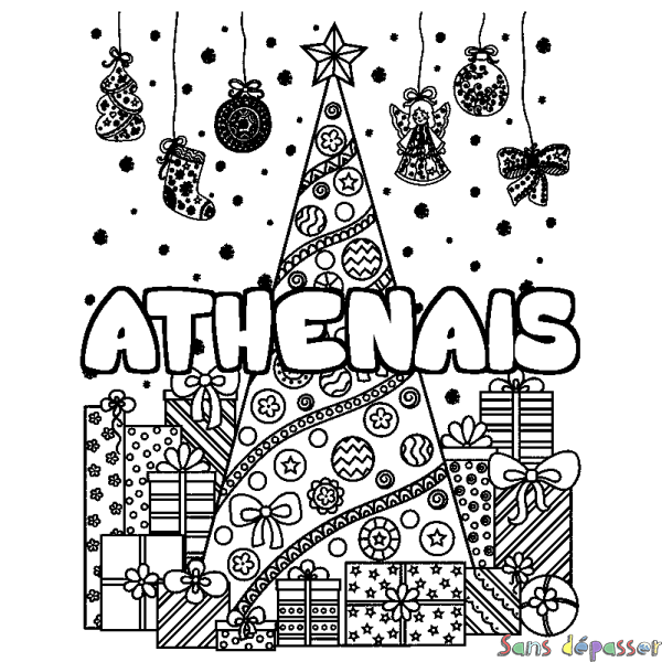 Coloriage prénom ATHENAIS - d&eacute;cor Sapin et Cadeaux