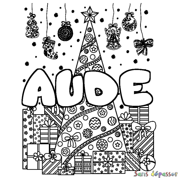 Coloriage prénom AUDE - d&eacute;cor Sapin et Cadeaux