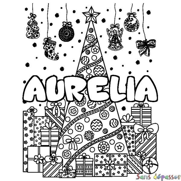 Coloriage prénom AURELIA - d&eacute;cor Sapin et Cadeaux